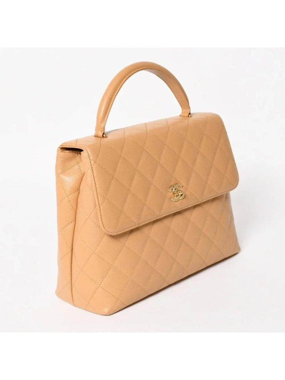 Chanel Top Handle Bag Handbag CC Logo Quilted Caviar Leather Beige Gold